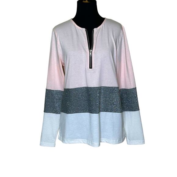 Rose Gal pink silver white color block long sleeves pullover size Small - Picture 11 of 11
